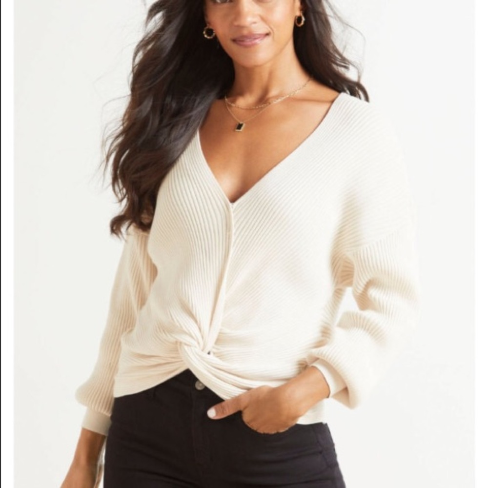 Hudson Plunge Neck Twist Front Cotton Sweater